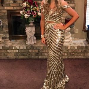 Gold Sherri hill prom dress. Two piece